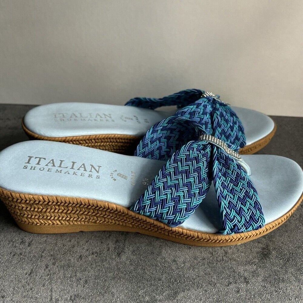 Italian Shoemakers Mixed Blue Rhinestone Sparkle Thong Wedge Sandals Size 9.5 M - Picture 8 of 16